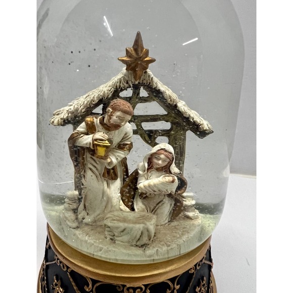 Glass Musical Snow Globe Christmas Glittery Nativity Scene Gold and White - Picture 2 of 4